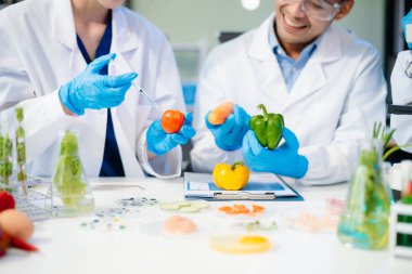 Team of scientists examining food samples in a lab with microscopes. Perfect for themes of food science, biotechnology, and nutrition research teamwork