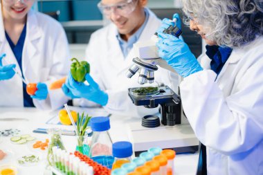 Team of scientists examining food samples in a lab with microscopes. Perfect for themes of food science, biotechnology, and nutrition research teamwork
