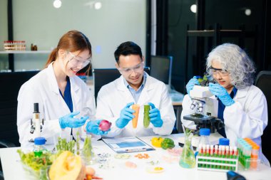 Team of scientists examining food samples in a lab with microscopes. Perfect for themes of food science, biotechnology, and nutrition research teamwork