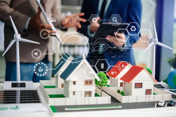 Çalışma teknolojisi ve iş dünyası Net sıfır ve karbon nötr konsepti için el bilgisayarı kullanmayı planlayan iş adamları. NET sıfır simgeleri ve sembolleri eko dünyasını kurtarır ve kirliliği azaltır. yeşil enerji