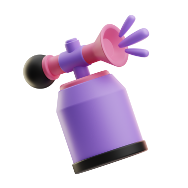 Üç boyutlu mor el, beyaz arka planda izole edilmiş mor bir sprey şişeyi tutuyor.