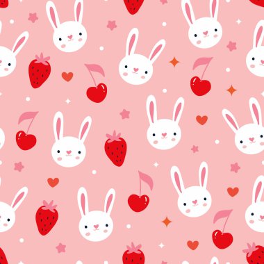 Şirin pembe tavşancık. Çilekli, dikişsiz tekstil deseni.