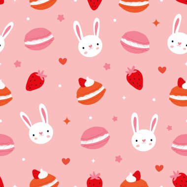 Şirin pembe makarna kurabiyeleri ve tavşanlar, kusursuz tekstil desenleri.