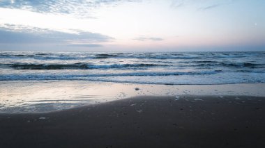 Kambois Sahili Northumberland, sahil dokularıyla gün doğumuna doğru Mavi Saat. Nisan 2025