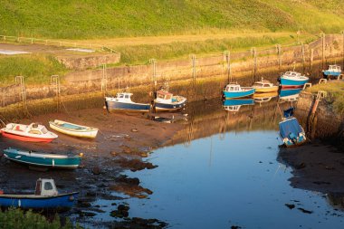 Northumberland 'daki Seaton Sluice limanında, deniz seviyesinin düşük olduğu yerde balıkçı tekneleri, Haziran 2025