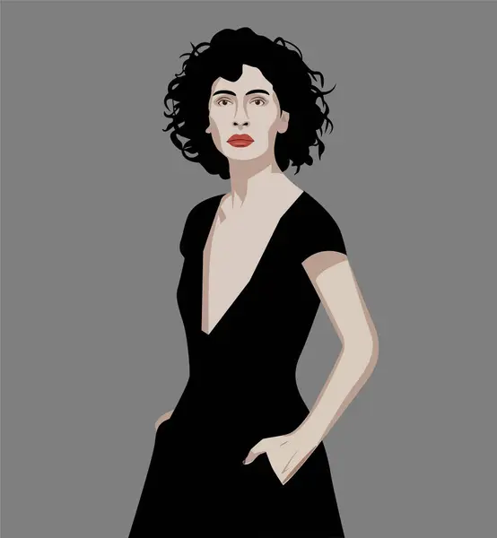 Duvarın arkasında kısa saçlı ve siyah elbiseli siyahi bir kadın modeli var.