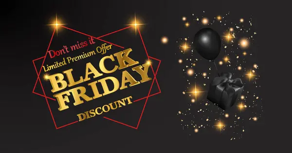 Kara Cuma indirimli pankart, içinde balon, altın parıltılar ve indirimli 3 boyutlu kalın altın metin bulunan siyah bir hediye kutusu bulunan Kara Cuma indirimi. Reklam reklamları, e-ticaret pazarlaması ve mevsimlik kampanyalar için ideal.