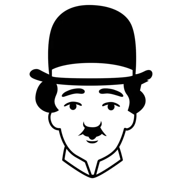 Charlie Chaplins 'in sembolik yüz, melon şapka ve bıyıklı basit siyah beyaz vektör çizimi. Klasik temalı projeler, sessiz film tasarımları, retro markalaşma ve klasik sinema göndermeleri için mükemmel..