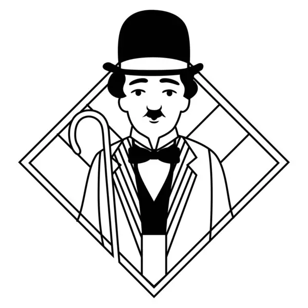 Charlie Chaplin 'in klasik kıyafetinin vektör çizgisi çizimi. İçinde melon şapka, baston, papyon ve çizgili takım elbise var. Antika markalaşma, retro film projeleri, logo oluşturma ve tarihi sinema içeriği için ideal. Esnek kullanım için satır biçimi.