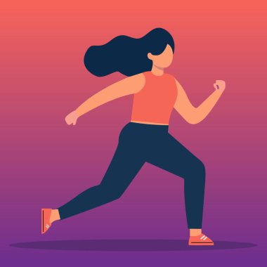 Atletizm kıyafetleriyle koşan bir kadının modern minimalist vektör çizimi. Lacivert arka planda stilize kadın koşucu silueti. Fitness uygulamaları, egzersiz programları, etkinlikler, sağlık blogları ve spor pazarlama malzemeleri için mükemmel..