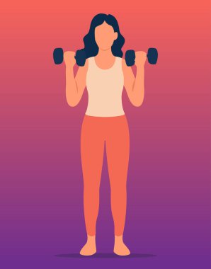 Dambıllarla biseps yapan bir kadının vektör çizimi. Hareketli gradyan geçmişine karşı spor kıyafeti giymiş stilize kadın figürü, fitness uygulamaları, beden eğitimi terfileri, güç eğitimi programları ve kadın sağlığı içeriği için mükemmel..