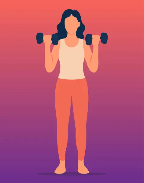 Dambıllarla biseps yapan bir kadının vektör çizimi. Hareketli gradyan geçmişine karşı spor kıyafeti giymiş stilize kadın figürü, fitness uygulamaları, beden eğitimi terfileri, güç eğitimi programları ve kadın sağlığı içeriği için mükemmel..