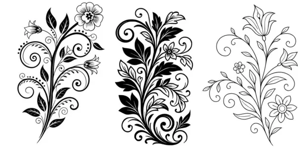 Zarif Çiçek Çizgisi Sanat Tasarımı Süslü Botanik Parşömen Elemenleri Vintage Flourish Çiçek Bölme Dekoratif Siyah ve Beyaz Çiçek Süslemeleri Vektör Çiçek Girdabı Sanat Paketi