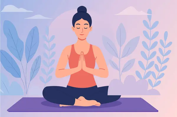 Yoga Meditasyon Vektörü Lotus Bilinçli Kadın Meditasyon Vektörü Sakin Yoga Pozu Sanatsal Düşünceli Düşünce Çizimi
