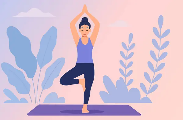 Vrikshasana Vektör Sanatsal Denge ve Meditasyon Yoga PoseFitness Çizim Yogası PoseYoga Ağacı PoseYoga Ağacı Asana Ağaç Pozu Çizimi Kadın