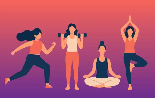 Kadın Spor Koleksiyonu Çeşitli Egzersiz Vektörü İllüstrasyonu