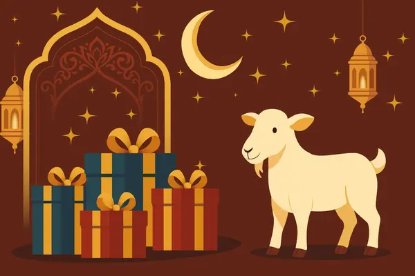  Dost canlısı bir keçi, hediye kutuları, hilal ay ışığı ve sıcak ve desenli bir arka planda dizilmiş fenerlerle Kurban Bayramı 'nı tasvir eden şenlikli bir illüstrasyon. Bayram kutlamaları, kültürel etkinlikler ve İslami kutlamalar için mükemmel..