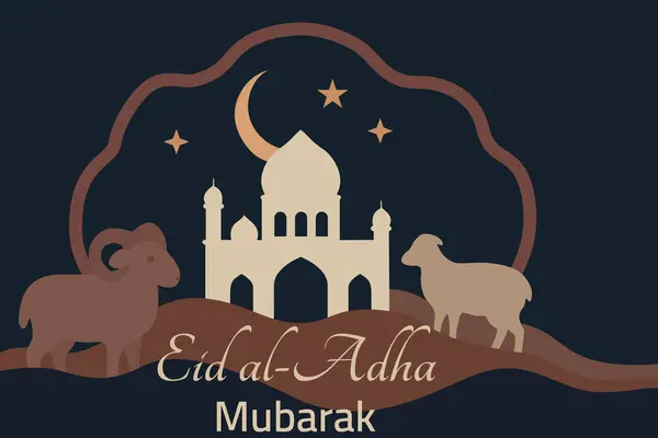 İslam Kurban Bayramı için yapılan zarif ve geleneksel tasarım, cami ve kurbanlık hayvan gibi kilit sembolleri huzurlu bir gece ortamında sergiledi. Dijital ve yazdırma ortamı için mükemmel.