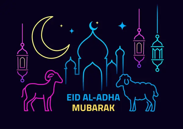 Parlak hatlarda bir cami, hilal, fener ve kurban edilen hayvanlarla birlikte Kurban Bayramı için enerjik ve canlı bir illüstrasyon. Geleneksel temalar üzerine yeni bir bakış sunarak, çeşitli festival tasarım projeleri için uygundur.