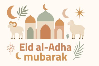 Bir cami, koç, koyun ve hilal aylarının yer aldığı 