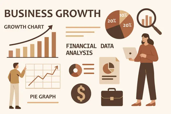 Finansal veri analizi ve iş büyüme vektör sanatı. Ekonomik tahmin ve planlama için grafikler, grafikler ve elementler içerir.