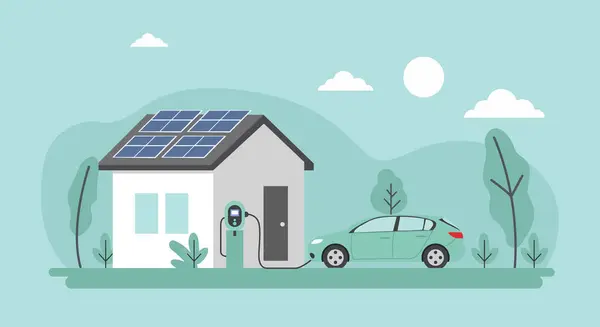 Çatı katında güneş panelleri olan modern bir evin, istasyondan şarj olan elektrikli bir arabanın ve parlak güneşin altında çevreci yaşamı temsil eden yemyeşil ağaçların bir çizimi..