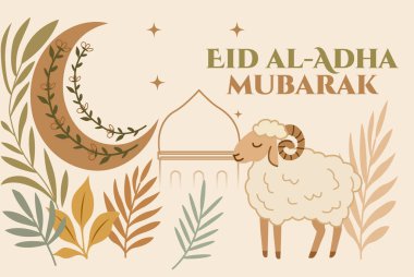 Uyuyan bir koyun, yeşillikle süslenmiş dekoratif bir hilal, ince cami çizgileri ve botanik elementlerin yer aldığı, Kurban Bayramı için sanatsal bir tebrik kartı çizimi.