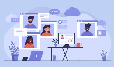 Çeşitli meslektaşlarının ev ofislerinden çevrimiçi bir video konferansına katılıp uzaktan çalışma ve sanal işbirliğini vurgulayan karikatür çizimleri.