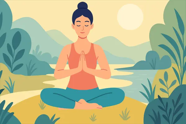  Nilüfer pozisyonunda, ağaçlar, dağlar ve bir su kütlesiyle birlikte doğal bir manzaranın ortasında huzur içinde meditasyon yapan bir kadının sakin bir tasviri..