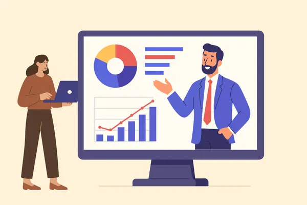 Bir kadın, bir erkek sunucuyu büyük ekranda gözlemlerken dizüstü bilgisayar kullanır, grafikleri ve grafikleri gösterir, çevrimiçi iş sunumlarını, webinarları veya sanal öğrenimi temsil eder..