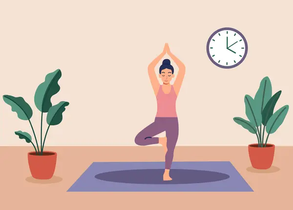 Ağaçtaki bir kadın yoga minderinde poz veriyor, iki saksı bitkisinin arasında, duvar saati ile, dengeli bir ev sağlığı figürü çiziyor..