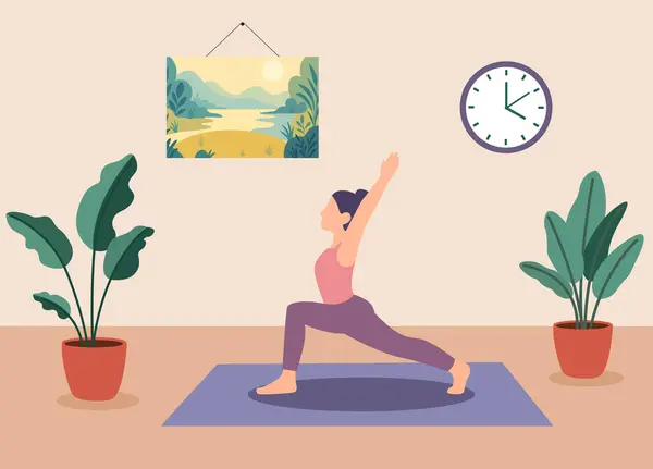  Savaşçı bir kadın yoga minderinde poz veriyor. İçinde bitkiler, bir saat ve bir manzara resmi var..