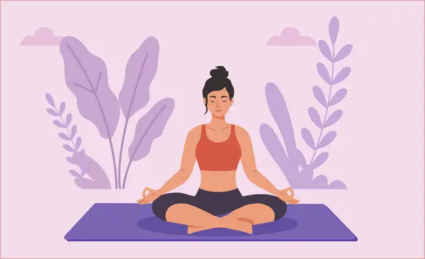 Bir kadın nilüfer çiçekli yoga minderinin üzerinde oturur. Mor renkli bitkiler ve pembe bir gökyüzü ile çevrilidir. Açık havada huzurlu bir meditasyon seansı tasvir eder..