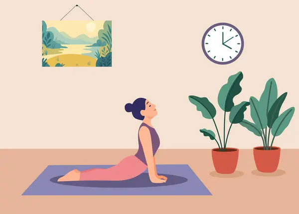 Bir kadın, kapalı bir odada yoga minderinin üzerinde kobra pozu veriyor, etrafı saksı bitkileriyle çevrili, duvarında bir saat ve manzara resmi var, bu da planlanmış bir sağlık durumu olduğunu gösteriyor..