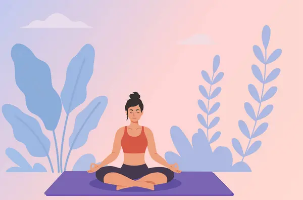 Bir kadın, sakinleştirici mavi ve mor yaprakların arasında, huzur ve farkındalığı somutlaştıran bir yoga minderinde nilüfer pozisyonunda oturur..