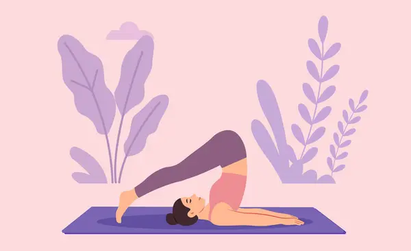 Dekoratif yapraklar, fitness ve sağIık konseptiyle yoga pulluğu pozu veren bir kadının vektör çizimi.