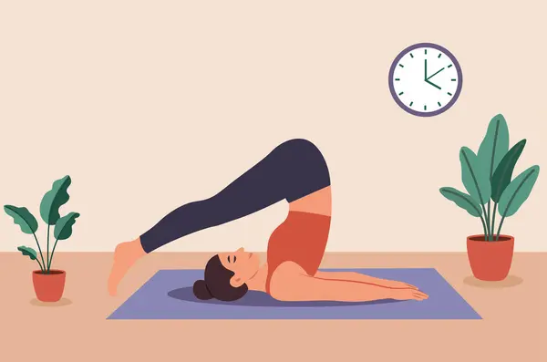 Evdeki minder, duvar saati, zindelik ve sağlık konseptiyle yoga sabanı pozu veren bir kadının vektör çizimi