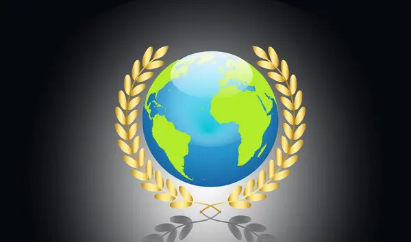 Dünya 'nın, uluslararası ve çevresel kavramlar için mükemmel barış, birlik, sürdürülebilirlik ve küresel tanınmayı sembolize eden altın defne çelengi ile çevrelenmiş vektör illüstrasyonu.