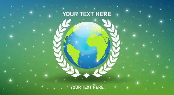 Dünya gezegeninin, zaferi, birliği, barışı ve çevresel farkındalığı sembolize eden beyaz defne çelengi ile çevrelenmiş temiz ve modern bir örneği. Tasarım, Ea için ideal hale getirmek üzere, özelleştirilebilir metin için dünyanın üzerinde ve altında boşluk içerir.