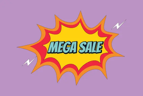 A vibrant comic book style sale banner featuring a bold pop art explosion speech bubble with dynamic Mega Sale text. Designed in retro pop colors with yellow, red, and purple accents, lightning bolts, and bold typography, this eye catching grap