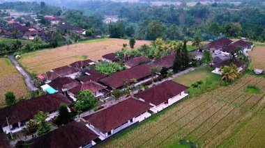 Teraslı pirinç tarlaları, geleneksel Subak sulama ve yumuşak sabah ışığı altında manzaralı dağların yer aldığı Jatiluwih, Tabanan, Bali 'deki kırsal manzaranın havadan görünüşü.