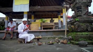 Tabanan, Bali, Endonezya 23 Ekim 2024: Jatiluwih cemaati üyeleri geleneksel bir Bali Hindu töreni sırasında Sri Rambut Tapınağı 'nda ibadet ederek refah tanrısını ruhani bağlılıkla onurlandırdılar..
