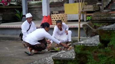 Tabanan, Bali, Endonezya 23 Ekim 2024: Jatiluwih cemaati üyeleri geleneksel bir Bali Hindu töreni sırasında Sri Rambut Tapınağı 'nda ibadet ederek refah tanrısını ruhani bağlılıkla onurlandırdılar..