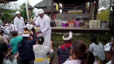 Tabanan, Bali, Endonezya 23 Ekim 2024: Jatiluwih cemaati üyeleri geleneksel bir Bali Hindu töreni sırasında Sri Rambut Tapınağı 'nda ibadet ederek refah tanrısını ruhani bağlılıkla onurlandırdılar..