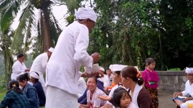 Tabanan, Bali, Endonezya 23 Ekim 2024: Jatiluwih cemaati üyeleri geleneksel bir Bali Hindu töreni sırasında Sri Rambut Tapınağı 'nda ibadet ederek refah tanrısını ruhani bağlılıkla onurlandırdılar..