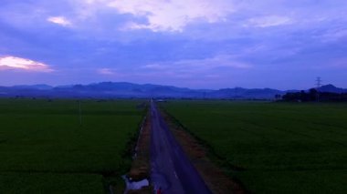 Geniş pirinç tarlalarının ve Lembor, Batı Manggarai, Doğu Nusa Tenggara 'daki uzak tepelerin havadan görünüşü, alacakaranlıktan önce altın gün batımında çekildi..