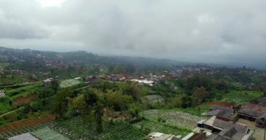 Orta Java, Endonezya 'daki Magelang dağlık alanlarının hava manzarası, teraslı tarlalar, yeşil tepeler ve yumuşak gün ışığı altında kırsal alanlar.