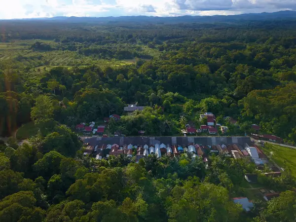 Kalimantan, Endonezya 'daki geleneksel bir Dayak Iban yazlığının hava manzarası. Bu sembolik ahşap yapı, yerel Dayak halkının ortak yaşam tarzını ve kültürel mirasını yansıtıyor..