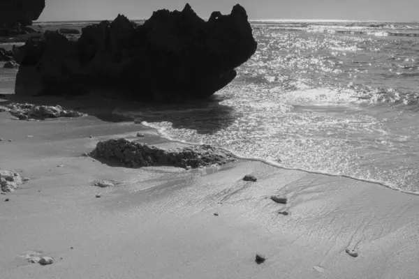 Black and white beach scene with textured rocks, soft waves, and sunlight reflecting on wet sand. A dramatic and nostalgic coastal moment.