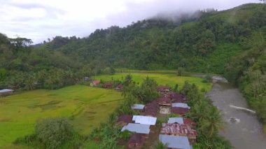 Jambi, Endonezya 'nın uzak bir köyü olan Air Liki' nin Ngaol 'dan 4 saatlik verimli tropikal doğayla çevrili nehir ulaşımıyla ulaşılabilen havadan görüntüsü..